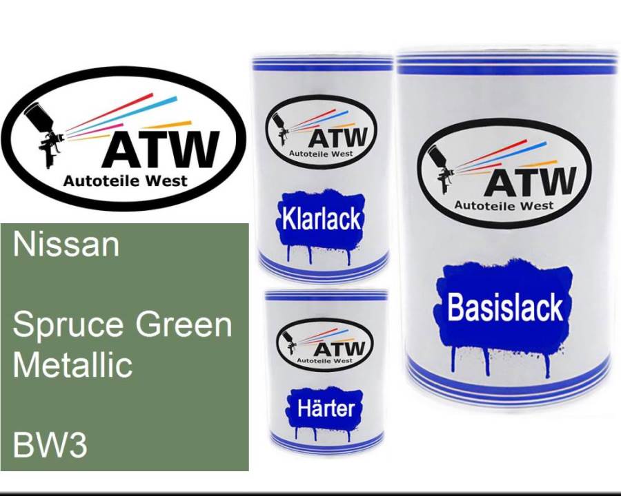 Nissan, Spruce Green Metallic, BW3: 500ml Lackdose + 500ml Klarlack + 250ml Härter - Set, von ATW Autoteile West.